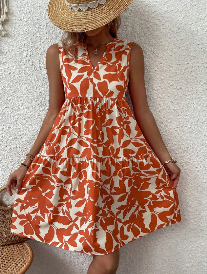 Bohemian Loose V-neck Pleated Print Sleeveless Dres