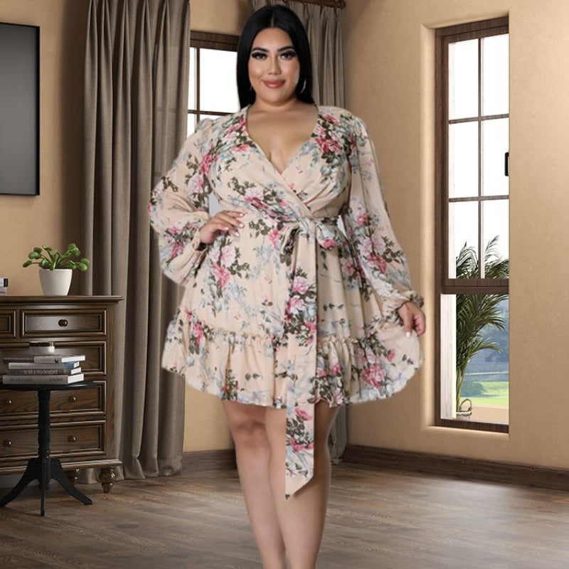 Plus Size Flower Print Chiffon V Neck Out Long Sleeve Dress