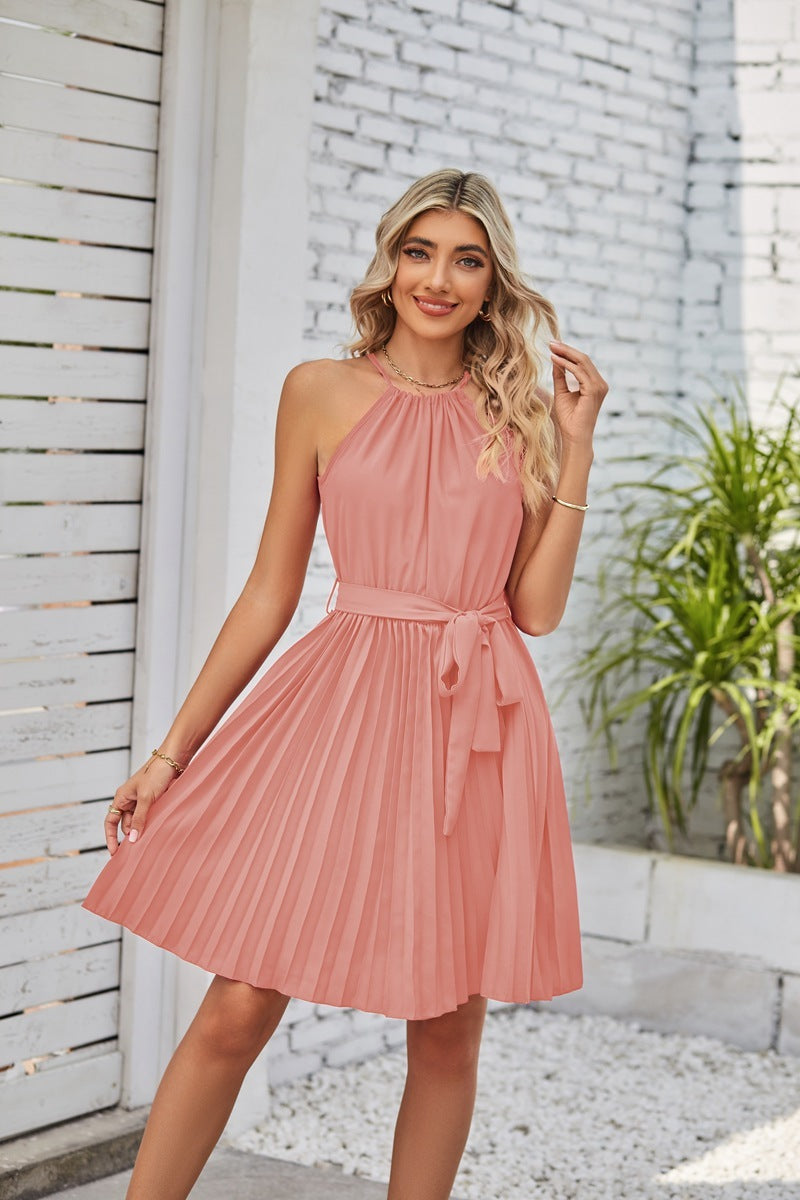 Halter Strapless Solid Pleated Dress