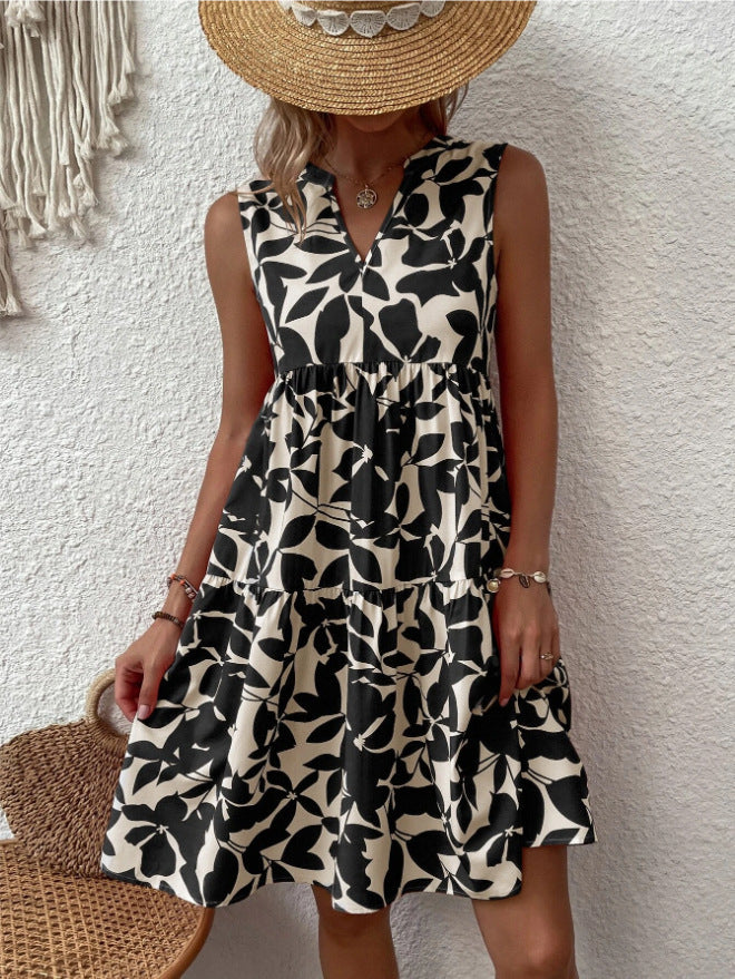 Bohemian Loose V-neck Pleated Print Sleeveless Dres