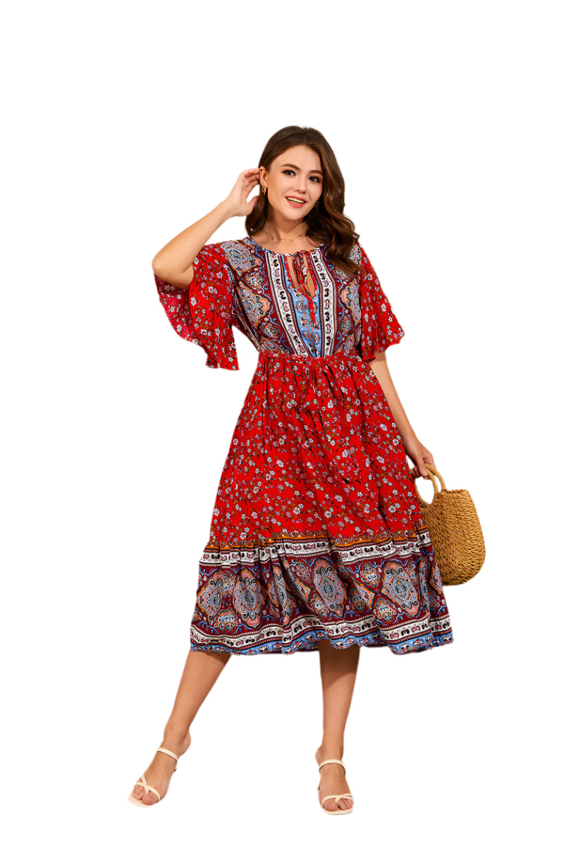 V Neck Print Beach Dress