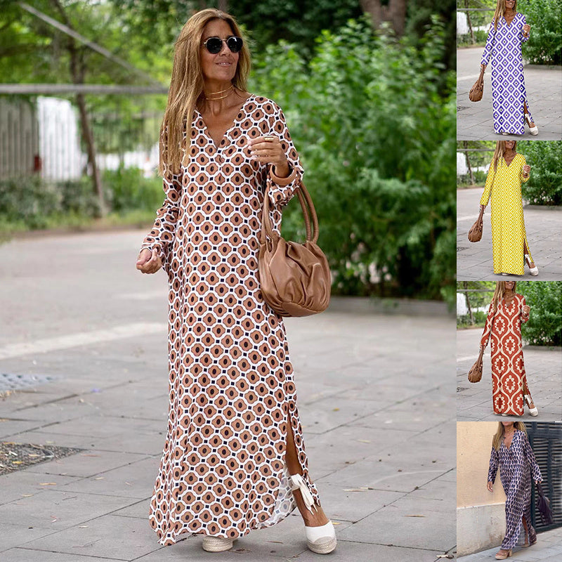 Summer Geometric Printed V-neck Long Dress Fashion Long Sleeve Slit