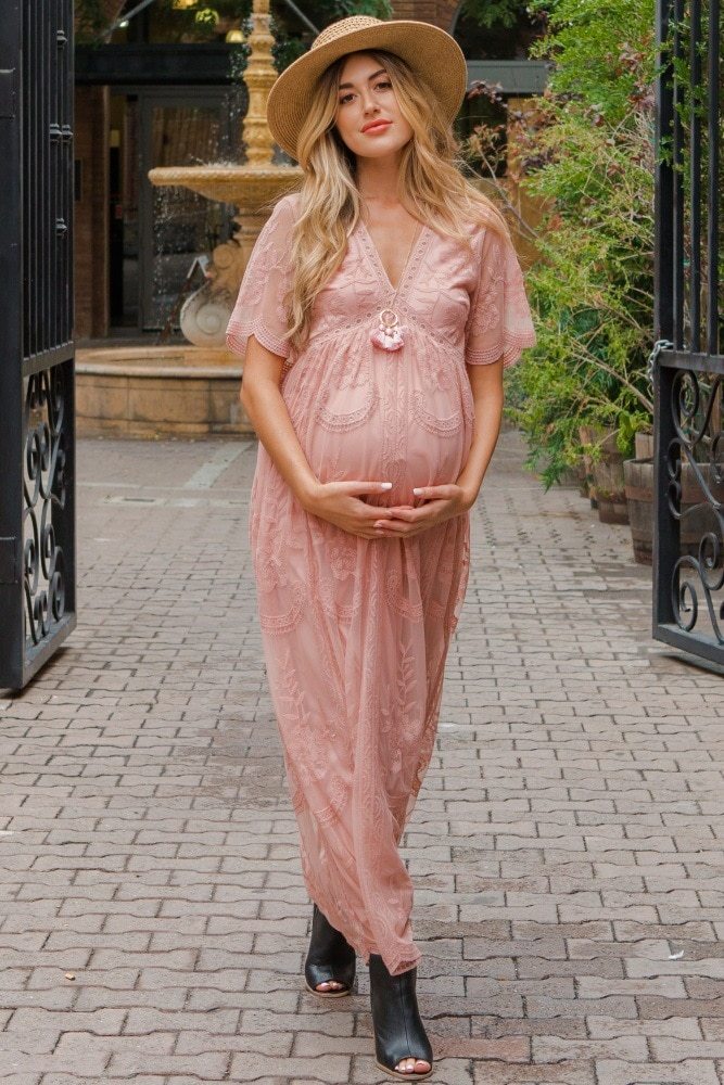 V Neck White Lace Short Sleeve Maternity Dresses