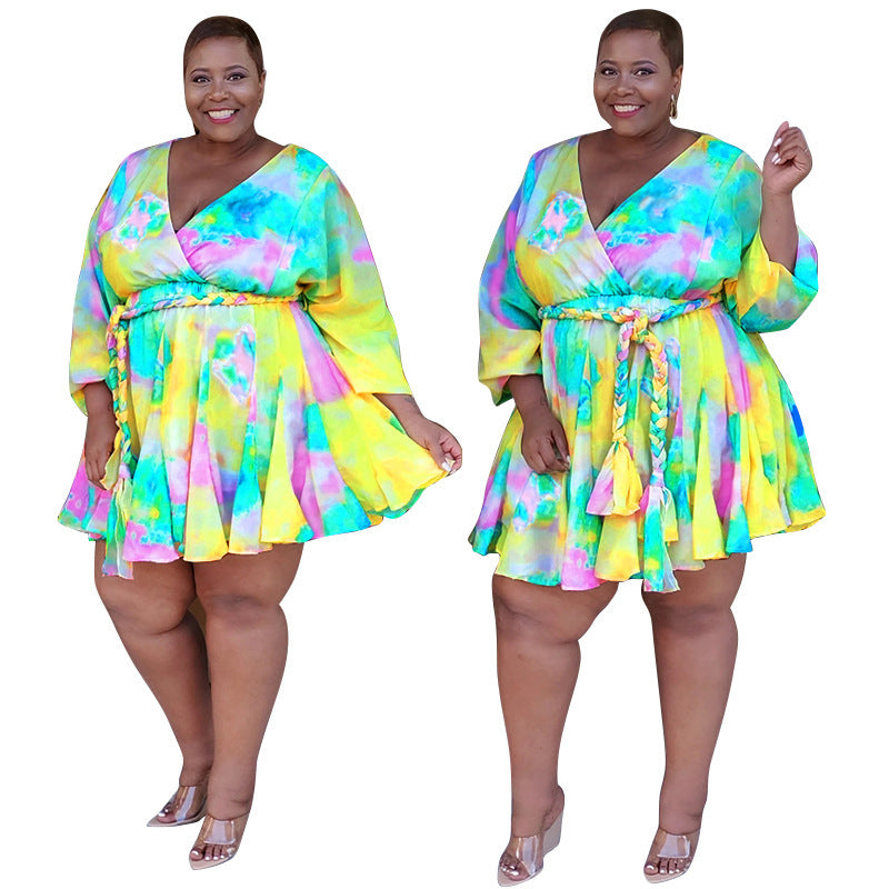 Long Sleeve Mini Bodycon Dress Print Pleated V-Neck Plus Size Dress