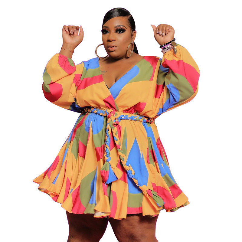 Long Sleeve Mini Bodycon Dress Print Pleated V-Neck Plus Size Dress