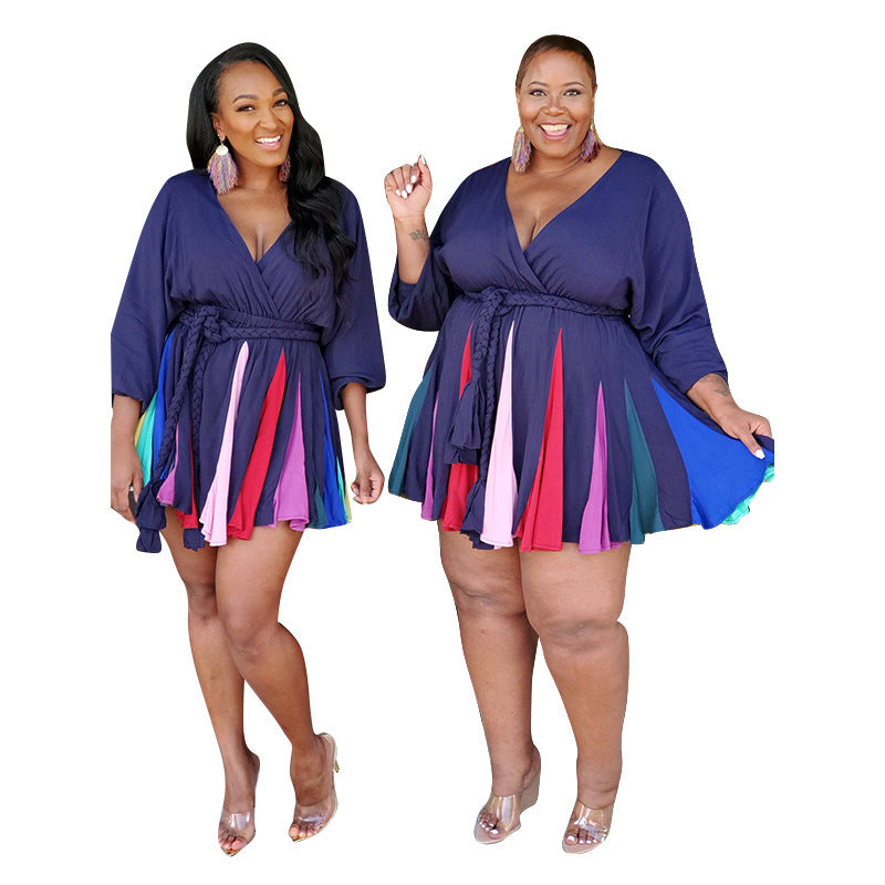 Long Sleeve Mini Bodycon Dress Print Pleated V-Neck Plus Size Dress