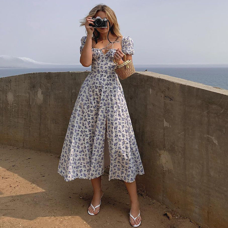 Floral Print Long Dress Puff Short Sleeve