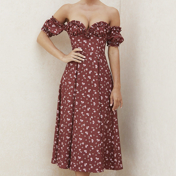 Floral Print Long Dress Puff Short Sleeve