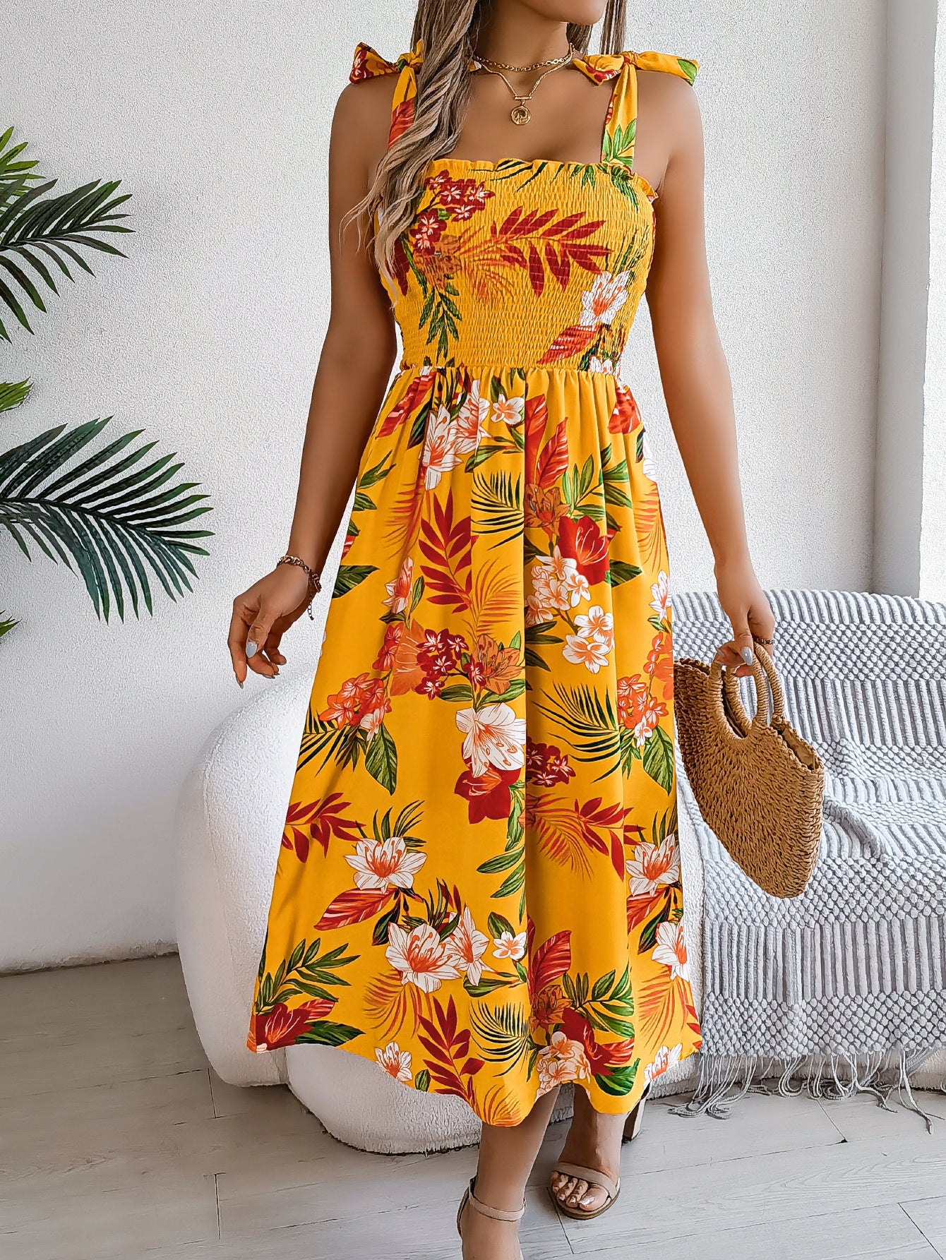 Flowers Print Suspender Corset Long Dress