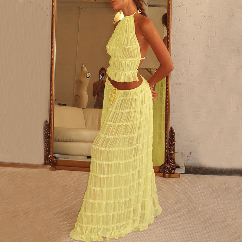 2pcs Women's Dress Suit Sexy Sleeveless Backless Cropped Halter Top And Pleated Long Skirt