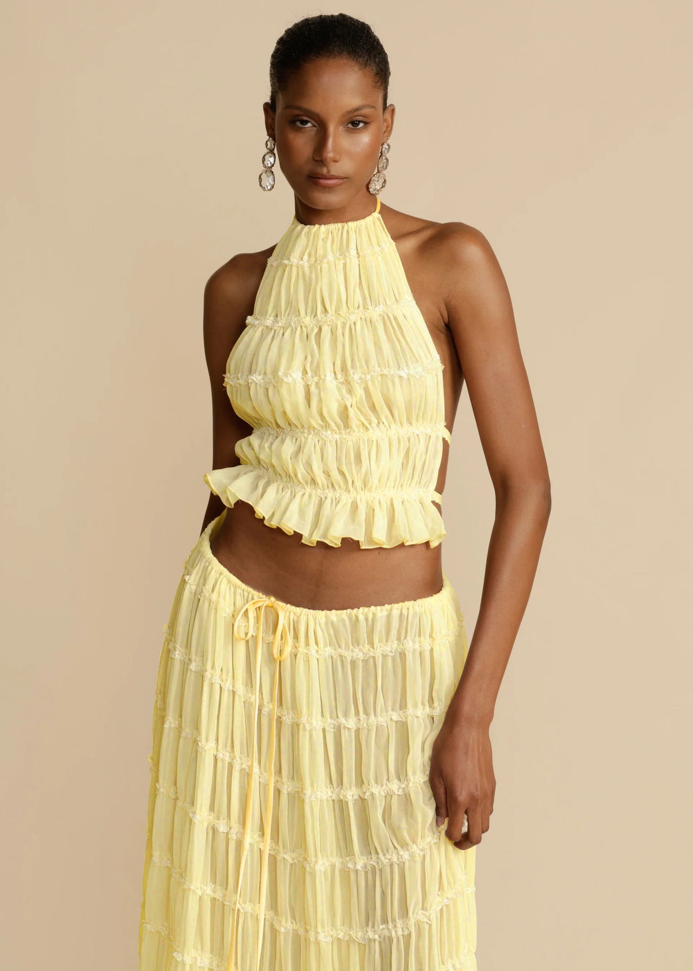 2pcs Women's Dress Suit Sexy Sleeveless Backless Cropped Halter Top And Pleated Long Skirt