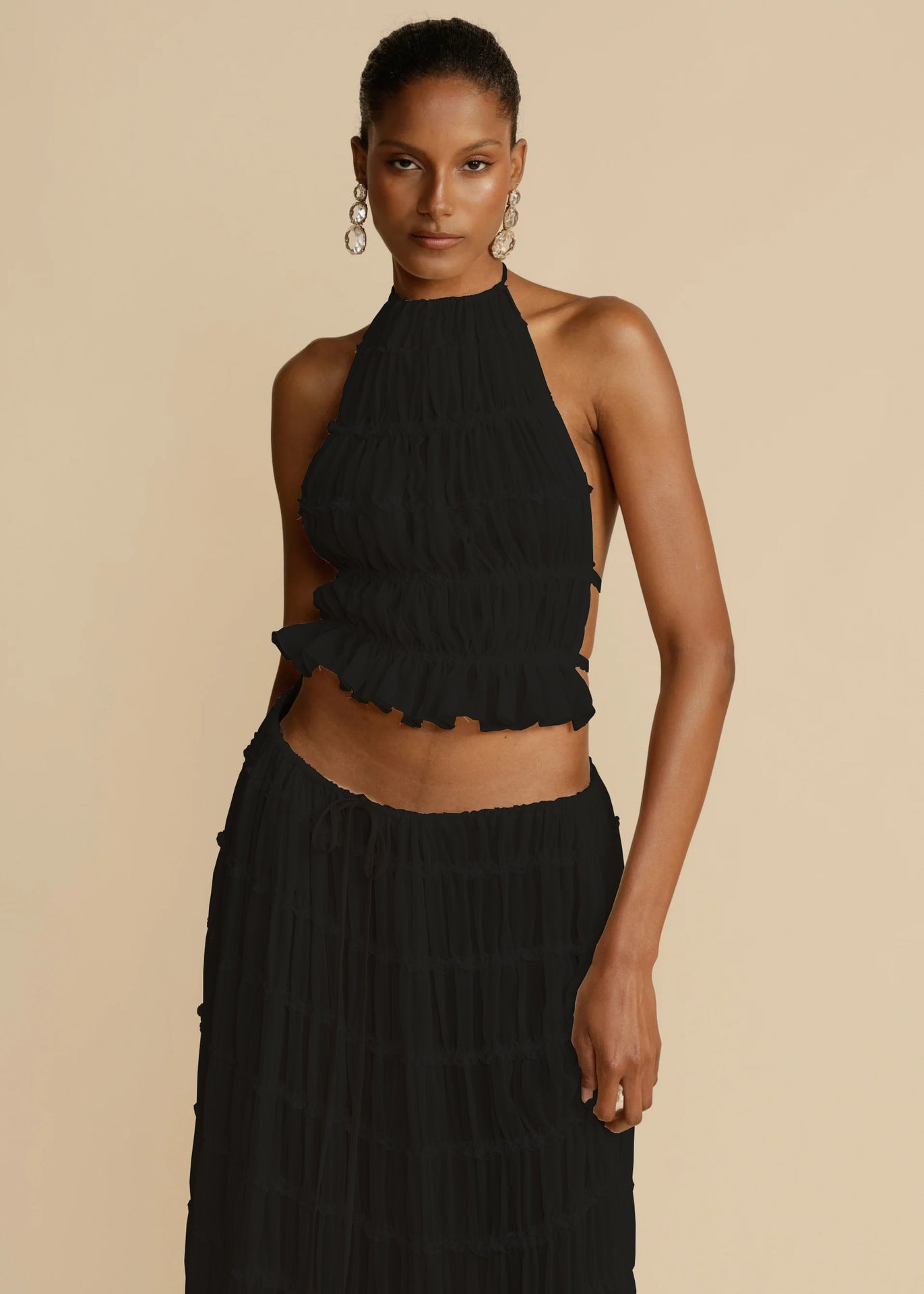 2pcs Women's Dress Suit Sexy Sleeveless Backless Cropped Halter Top And Pleated Long Skirt