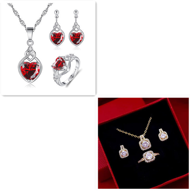 Fashion Jewelry Set Zircon Gem Pendant Chain Choker Necklace & Stud Earring Statement Ring