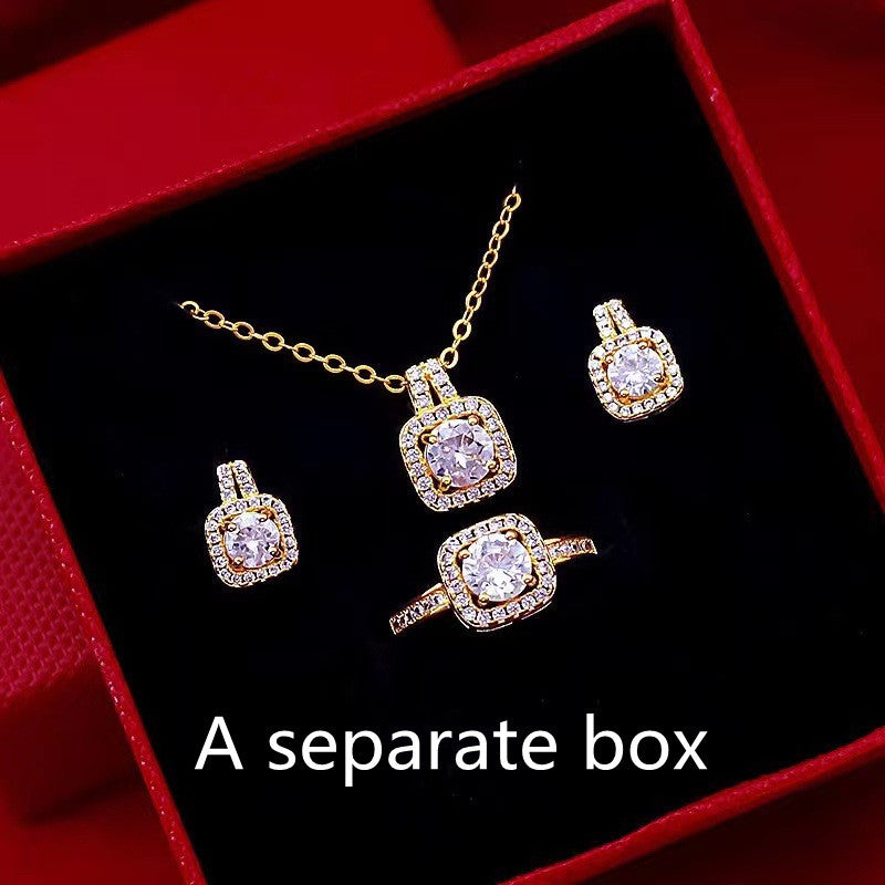 Fashion Jewelry Set Zircon Gem Pendant Chain Choker Necklace & Stud Earring Statement Ring