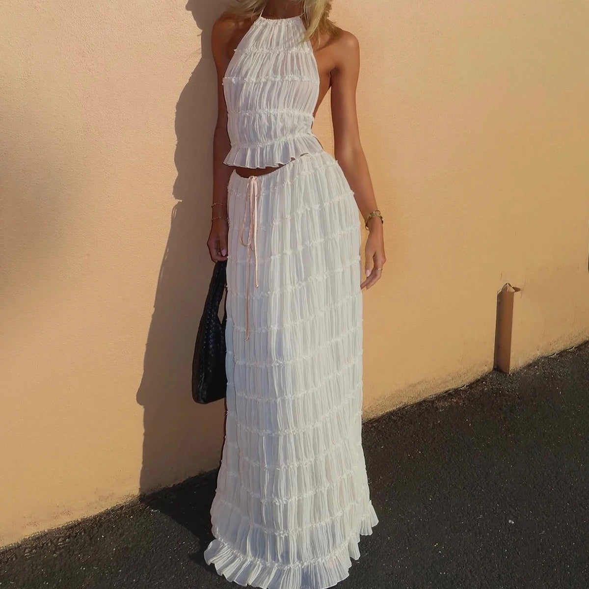 2pcs Women's Dress Suit Sexy Sleeveless Backless Cropped Halter Top And Pleated Long Skirt