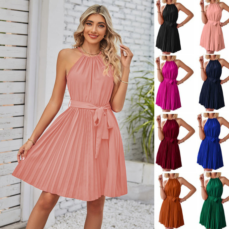 Halter Strapless Solid Pleated Dress