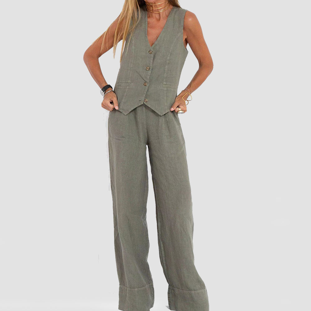 Summer Vest Suits V-neck Bottom Sleeveless Top And Loose Straight Pant