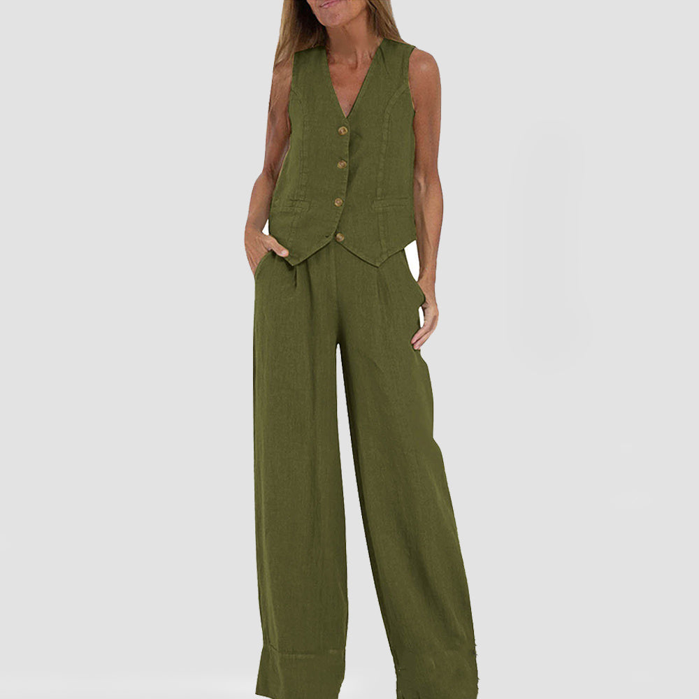 Summer Vest Suits V-neck Bottom Sleeveless Top And Loose Straight Pant