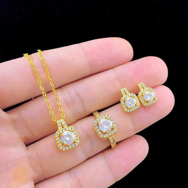 Fashion Jewelry Set Zircon Gem Pendant Chain Choker Necklace & Stud Earring Statement Ring
