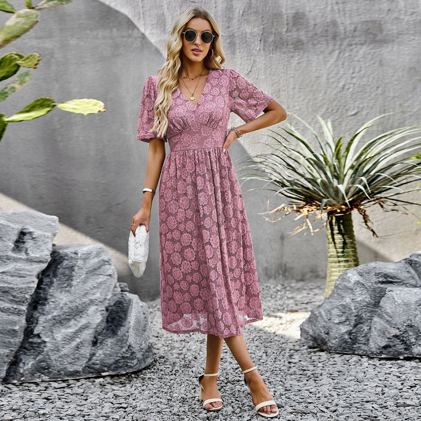 Fashion V-neck Lace Elegant Short Sleeve Long Dress