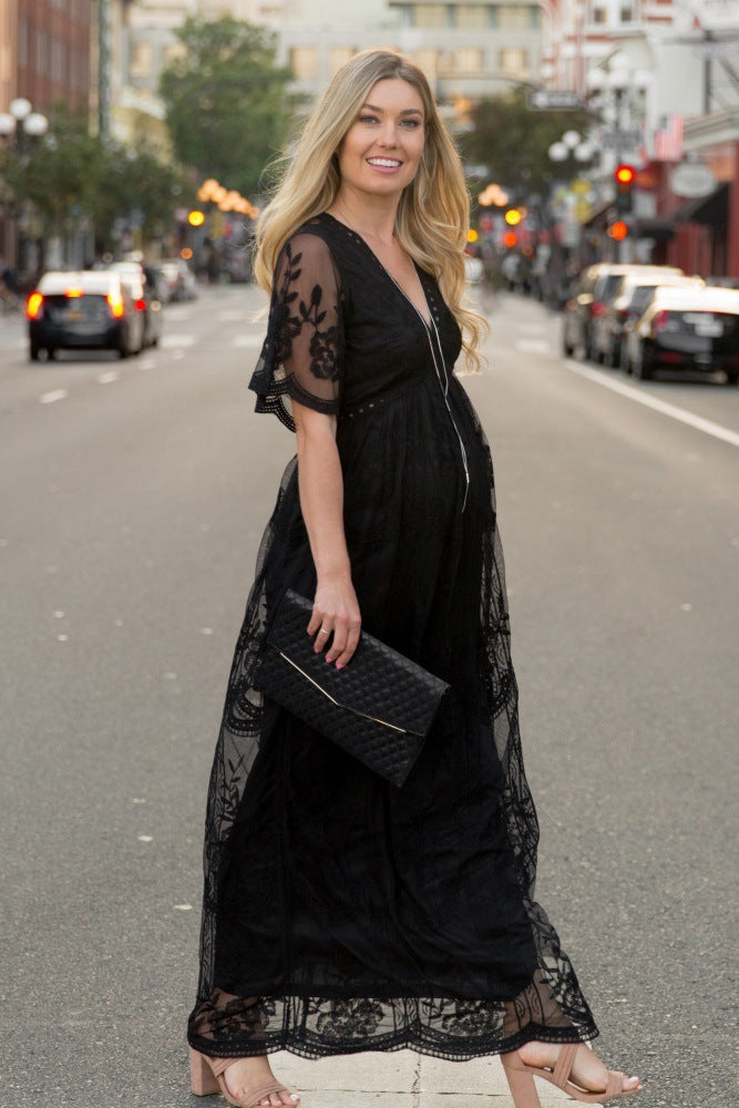 V Neck White Lace Short Sleeve Maternity Dresses