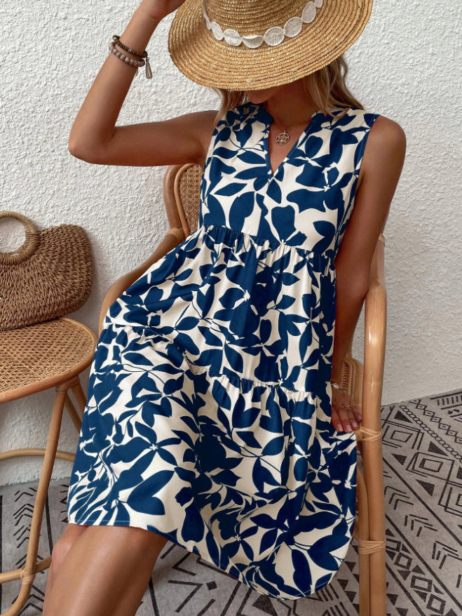 Bohemian Loose V-neck Pleated Print Sleeveless Dres