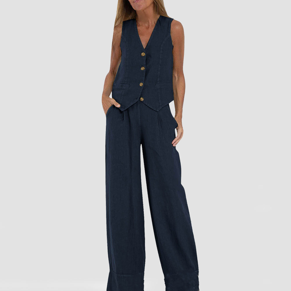 Summer Vest Suits V-neck Bottom Sleeveless Top And Loose Straight Pant