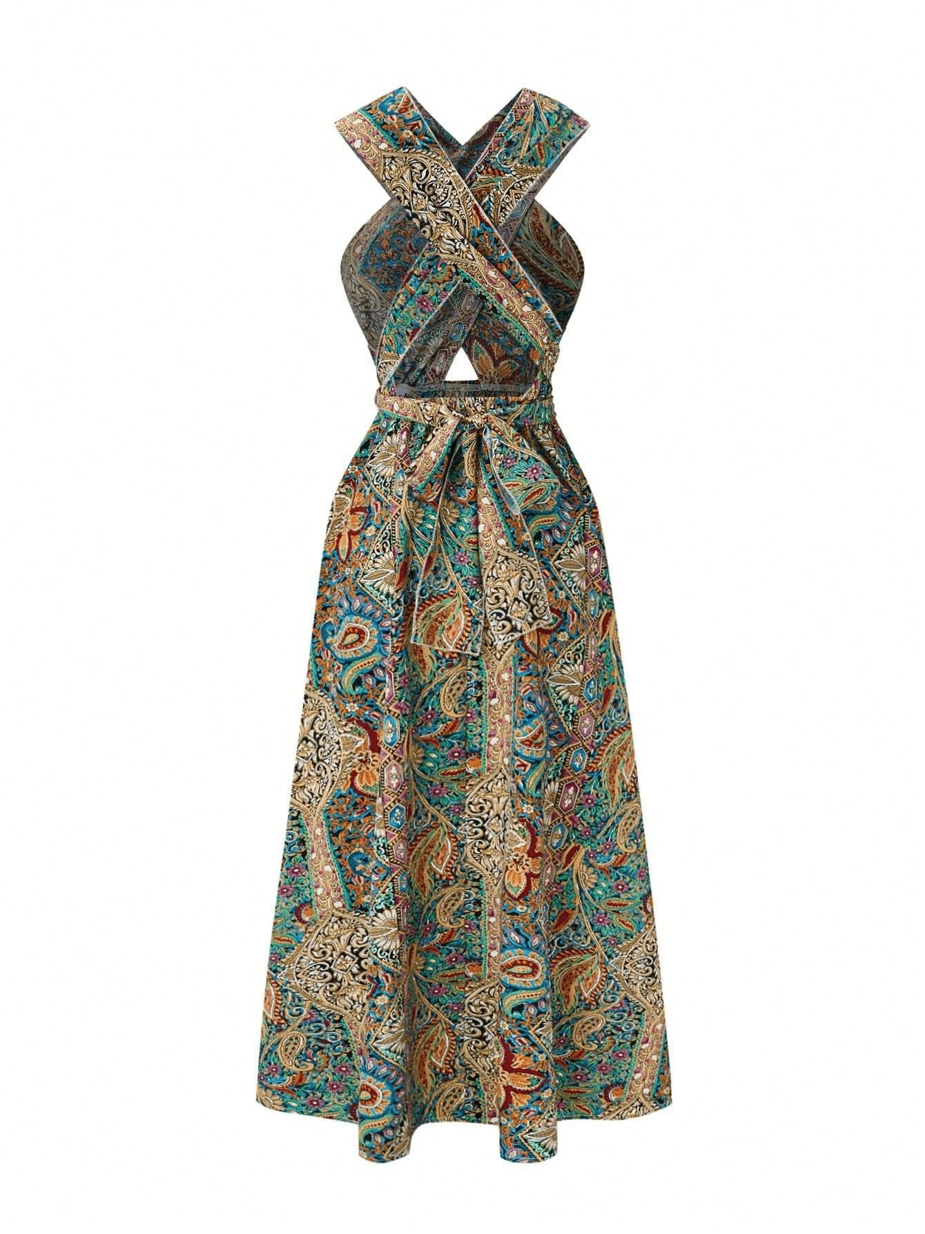Women Print High Waisted Cross Halter Neck With Tie Maxi Dress