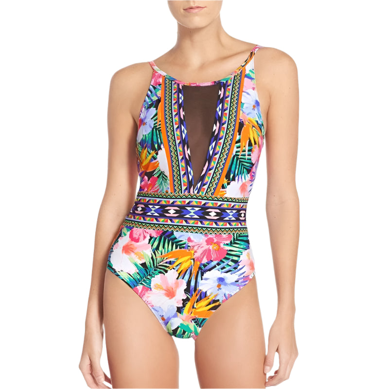 Mesh One Piece High Cut Floral Women Swimwear