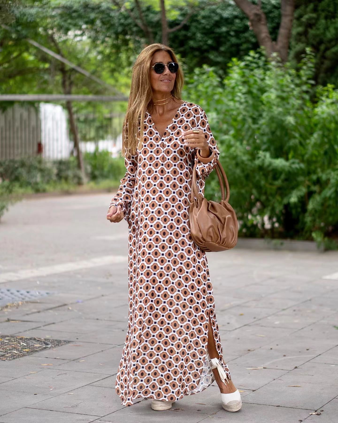 Summer Geometric Printed V-neck Long Dress Fashion Long Sleeve Slit