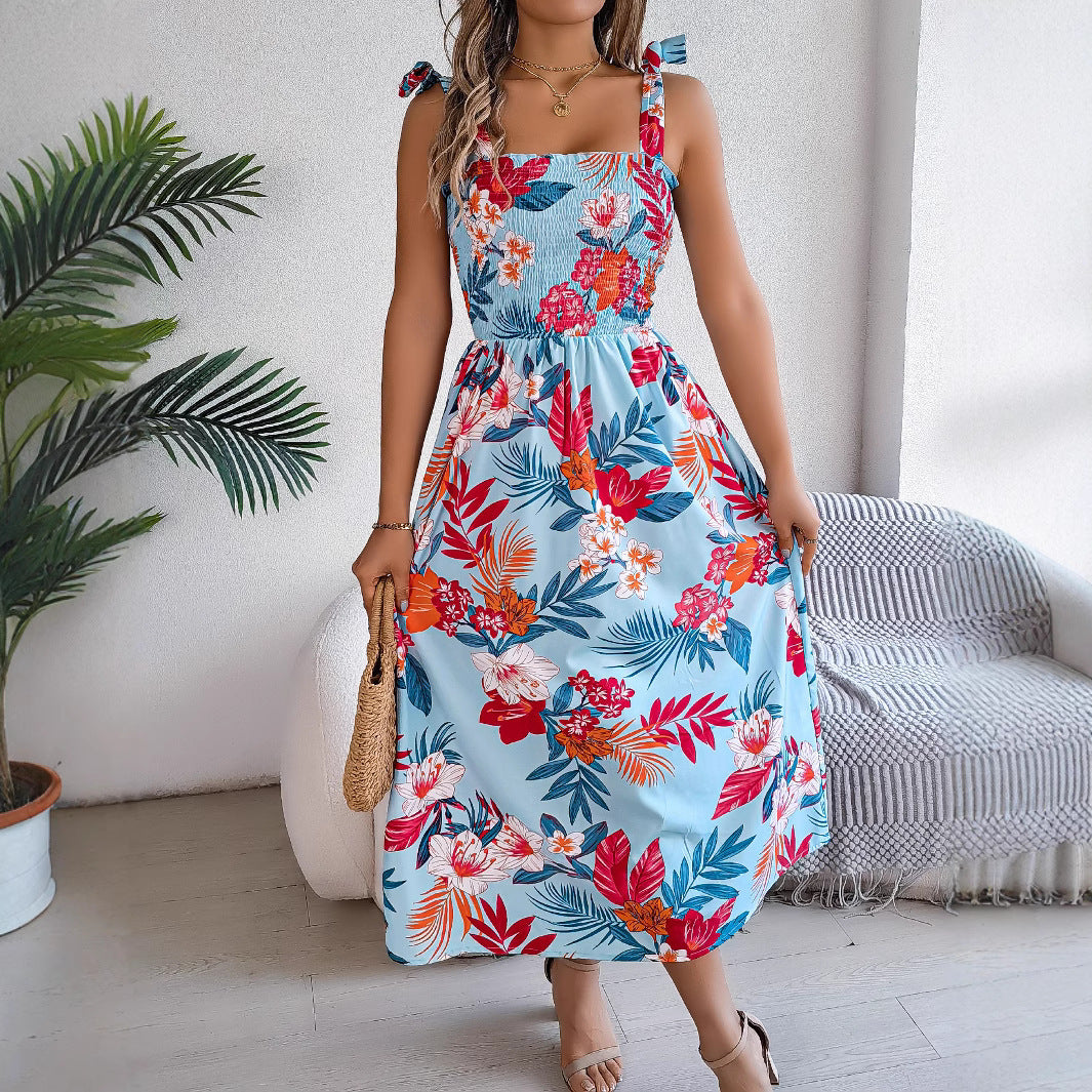 Flowers Print Suspender Corset Long Dress