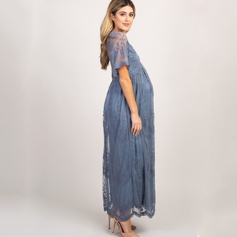 V Neck White Lace Short Sleeve Maternity Dresses