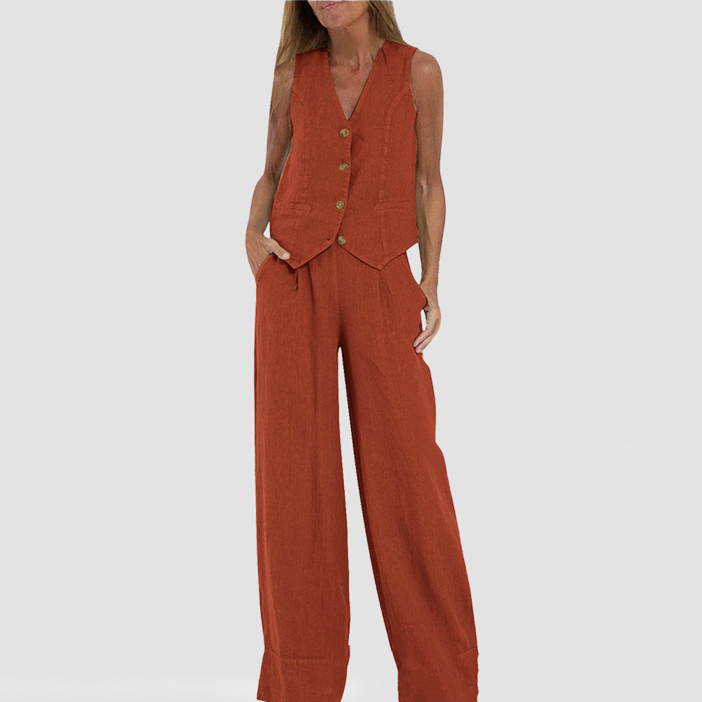 Summer Vest Suits V-neck Bottom Sleeveless Top And Loose Straight Pant