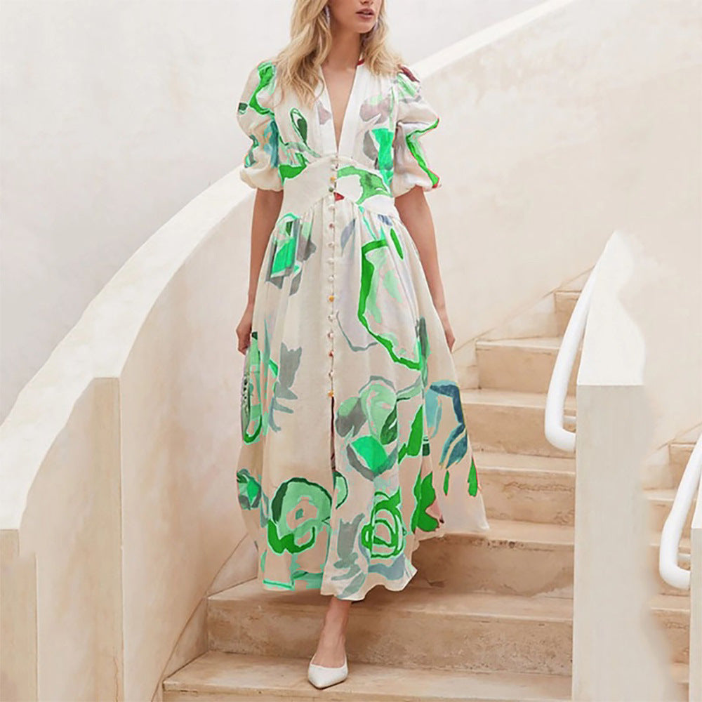 Print Summer V-neck Button Short Sleeve Dress