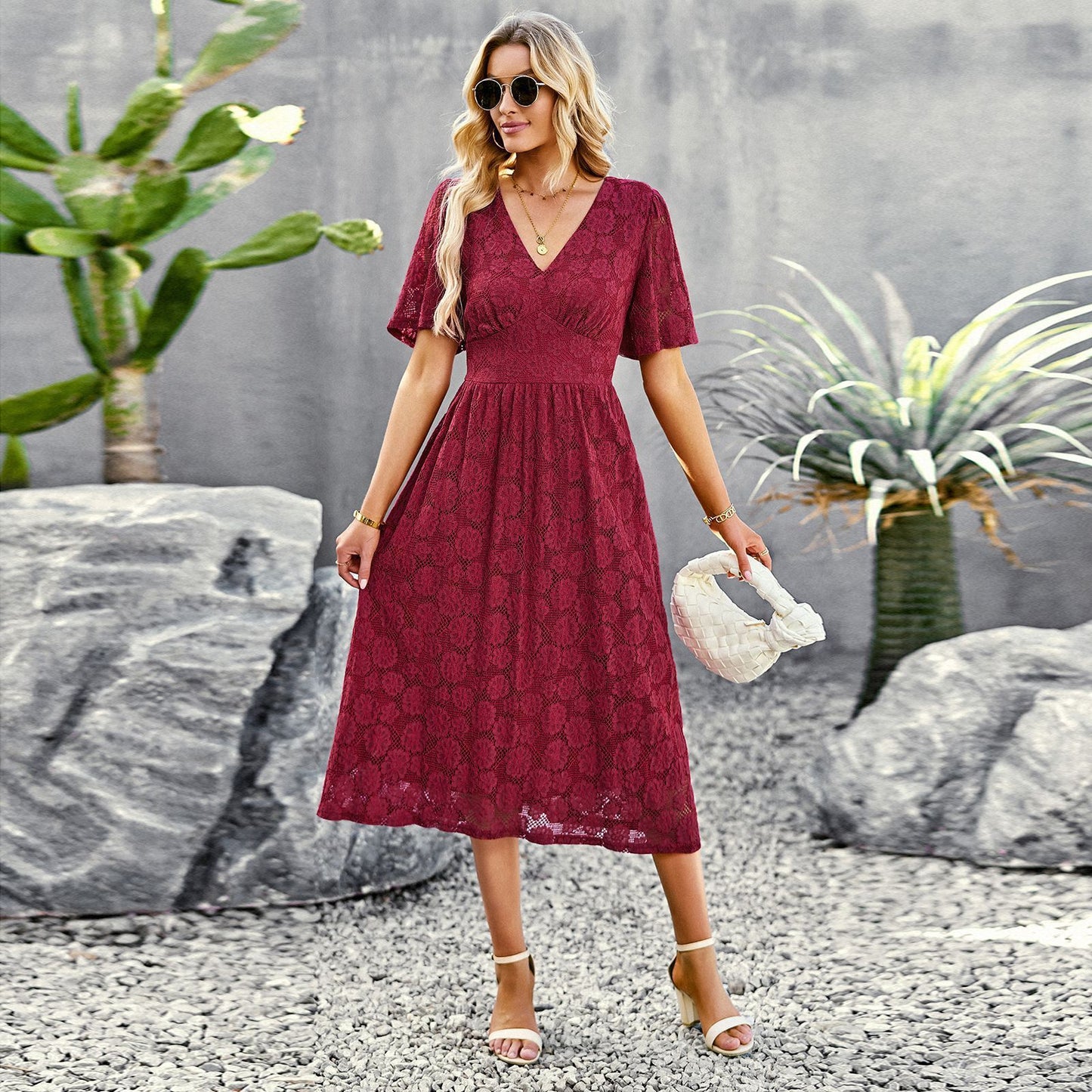 Fashion V-neck Lace Elegant Short Sleeve Long Dress