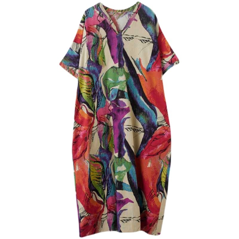 Cotton And Linen Printed Loose Plus Size Long Dress