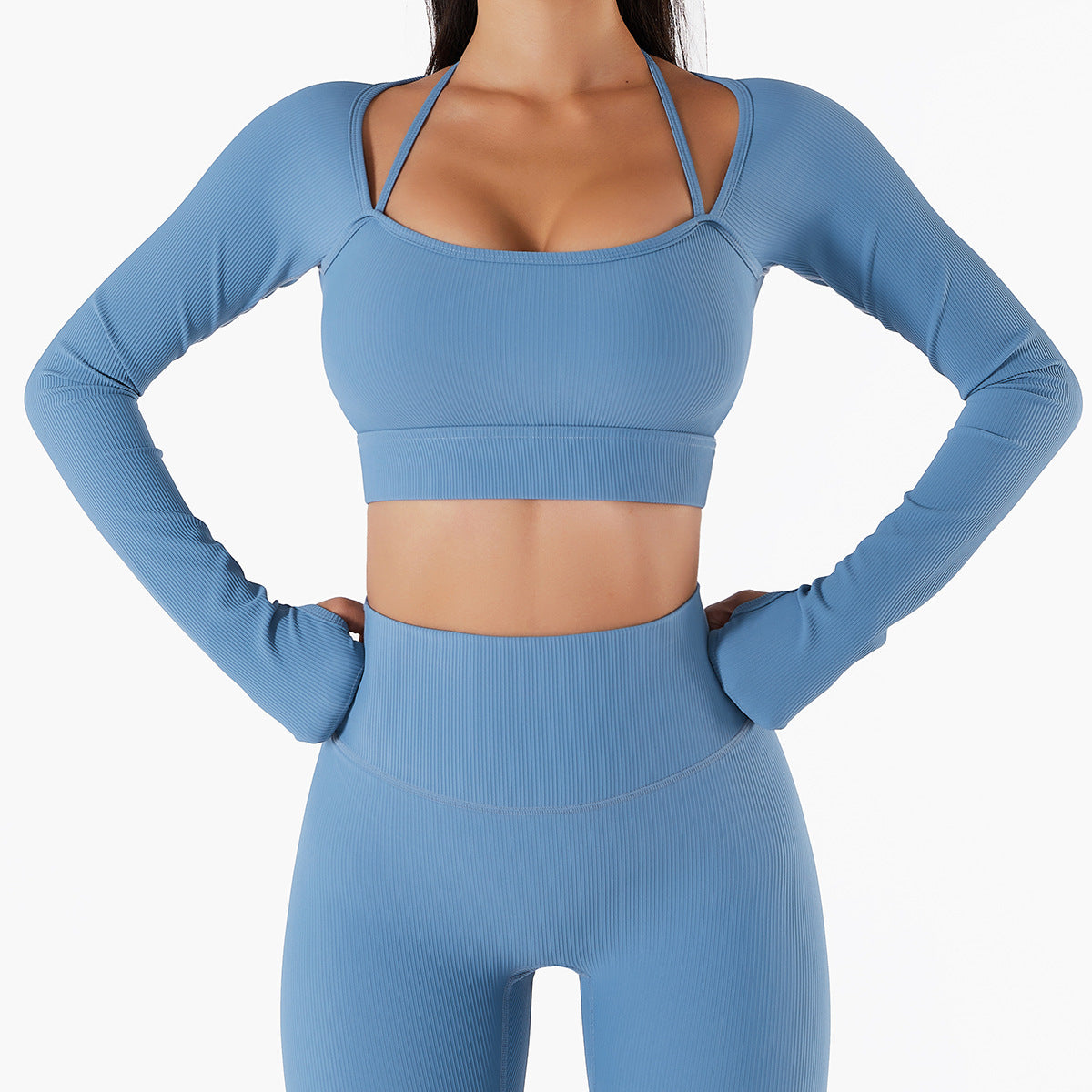 Top Women's Quick-drying Workout Set With Chest Pad Slim Fit Skinny Long Sleeve