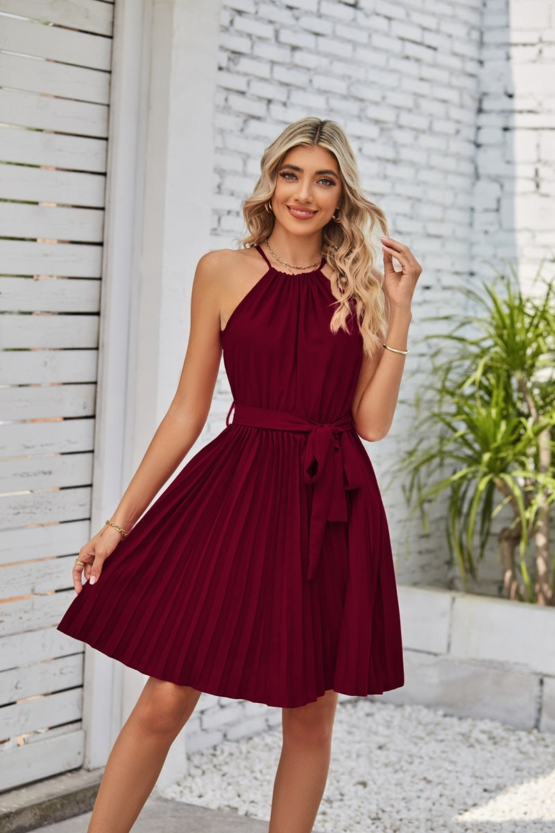 Halter Strapless Solid Pleated Dress