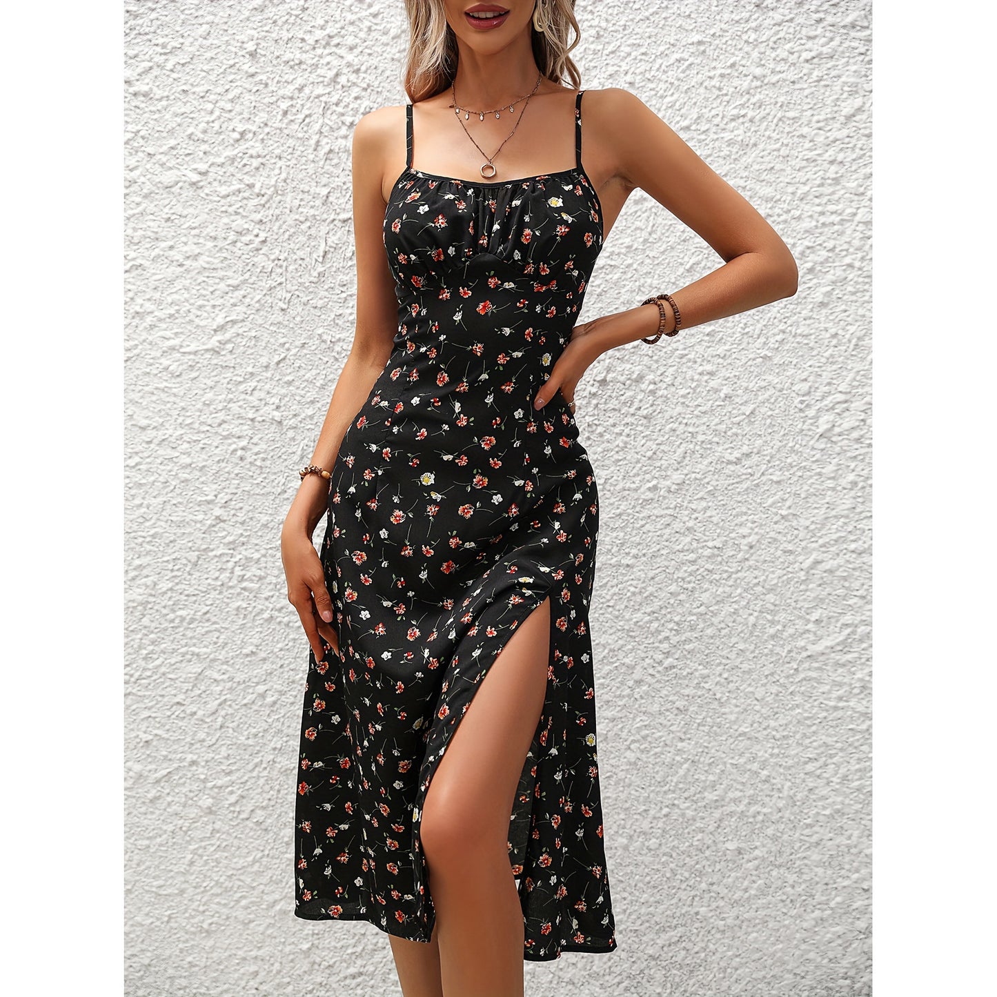 New Polka Dot Print Suspender Dress Summer Split Long Dress