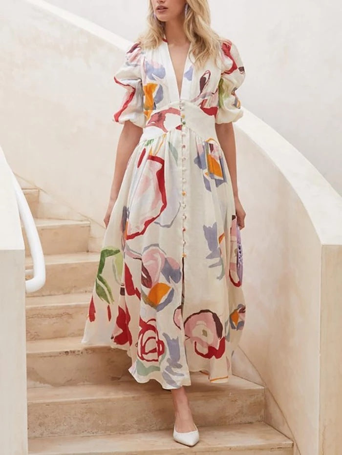 Print Summer V-neck Button Short Sleeve Dress