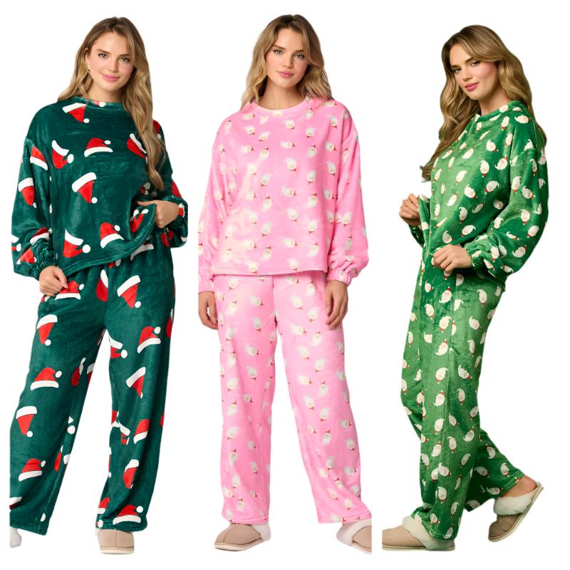 Casual Flannel Pajama Sets For Women 2 Piece Cute Long Sleeve Matching Lounge Shirts Sets Santa Claus Pajamas Homewear