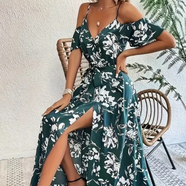 Flower Print Split Suspender Dress With Lace-up