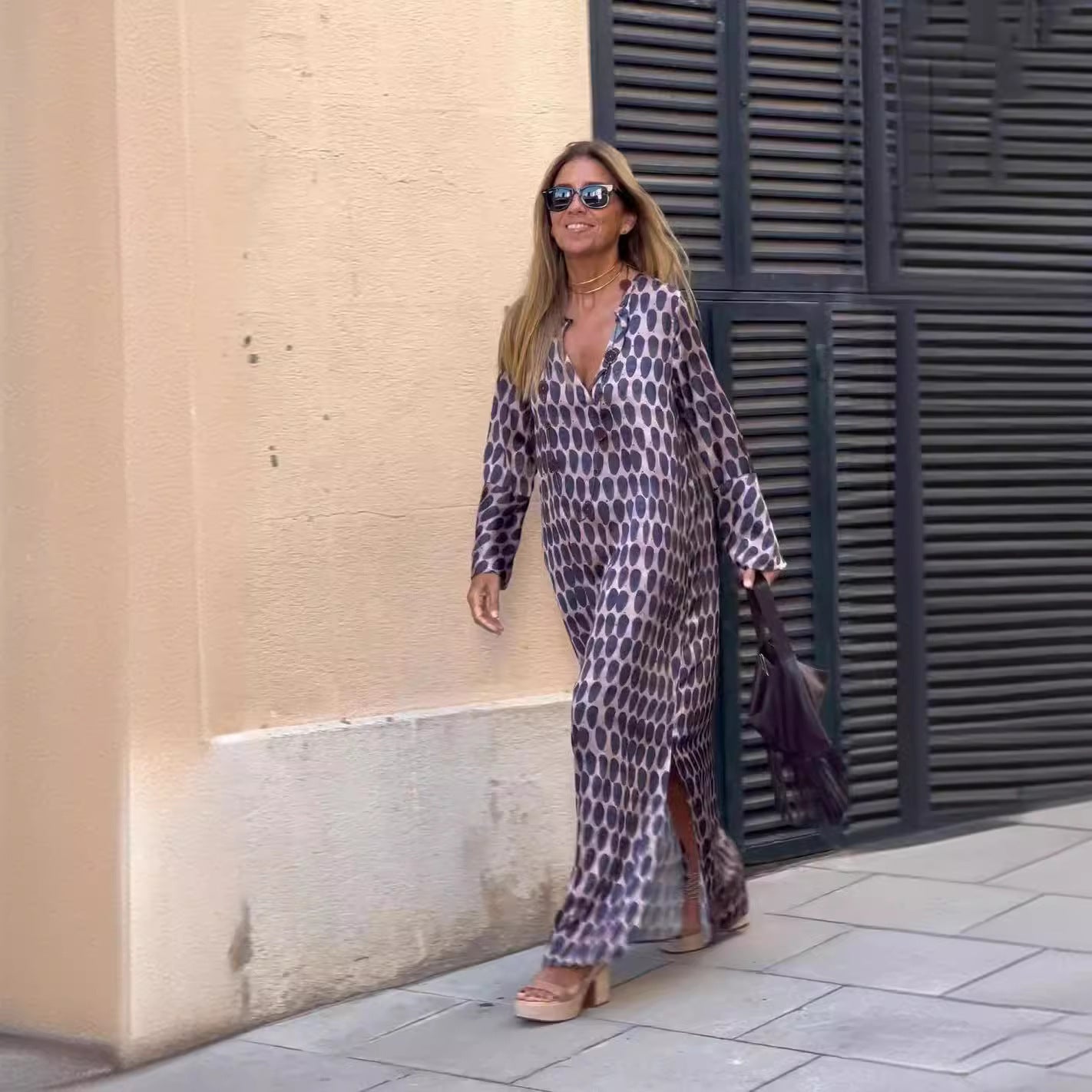 Summer Geometric Printed V-neck Long Dress Fashion Long Sleeve Slit