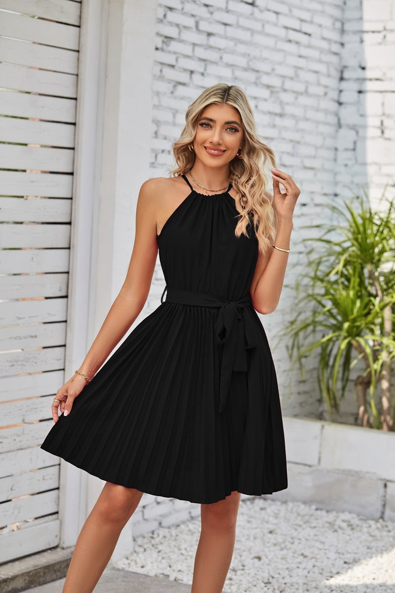 Halter Strapless Solid Pleated Dress