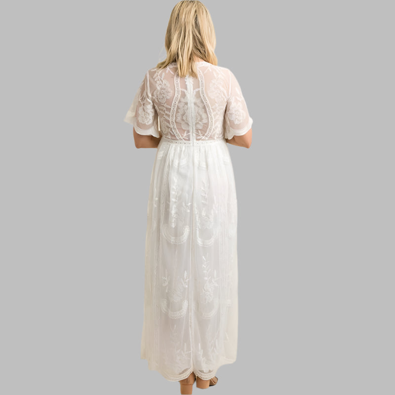 V Neck White Lace Short Sleeve Maternity Dresses