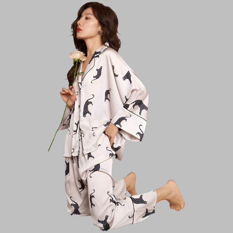 New Ice Silk Sleeve Digital Print Leopard Women Pajama