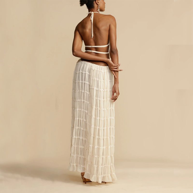 2pcs Women's Dress Suit Sexy Sleeveless Backless Cropped Halter Top And Pleated Long Skirt