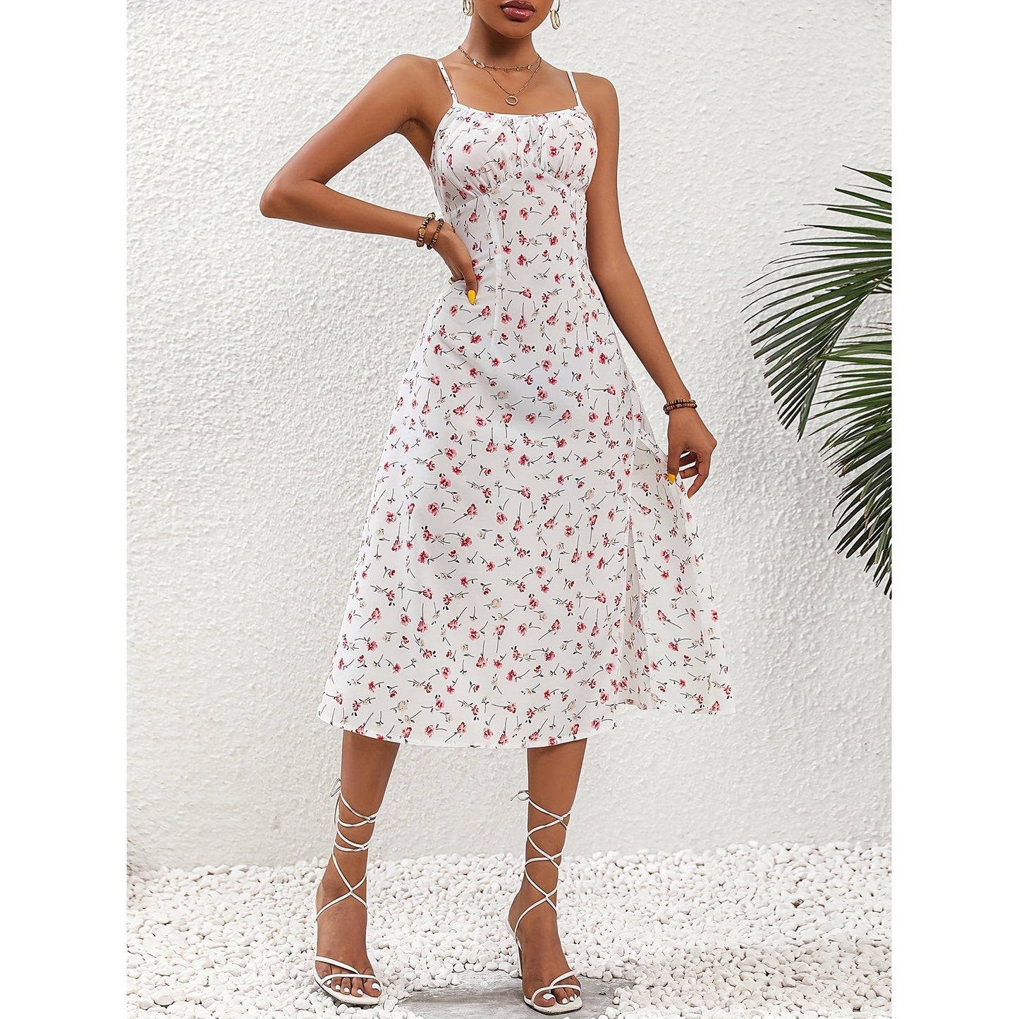 New Polka Dot Print Suspender Dress Summer Split Long Dress