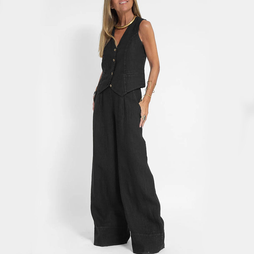 Summer Vest Suits V-neck Bottom Sleeveless Top And Loose Straight Pant