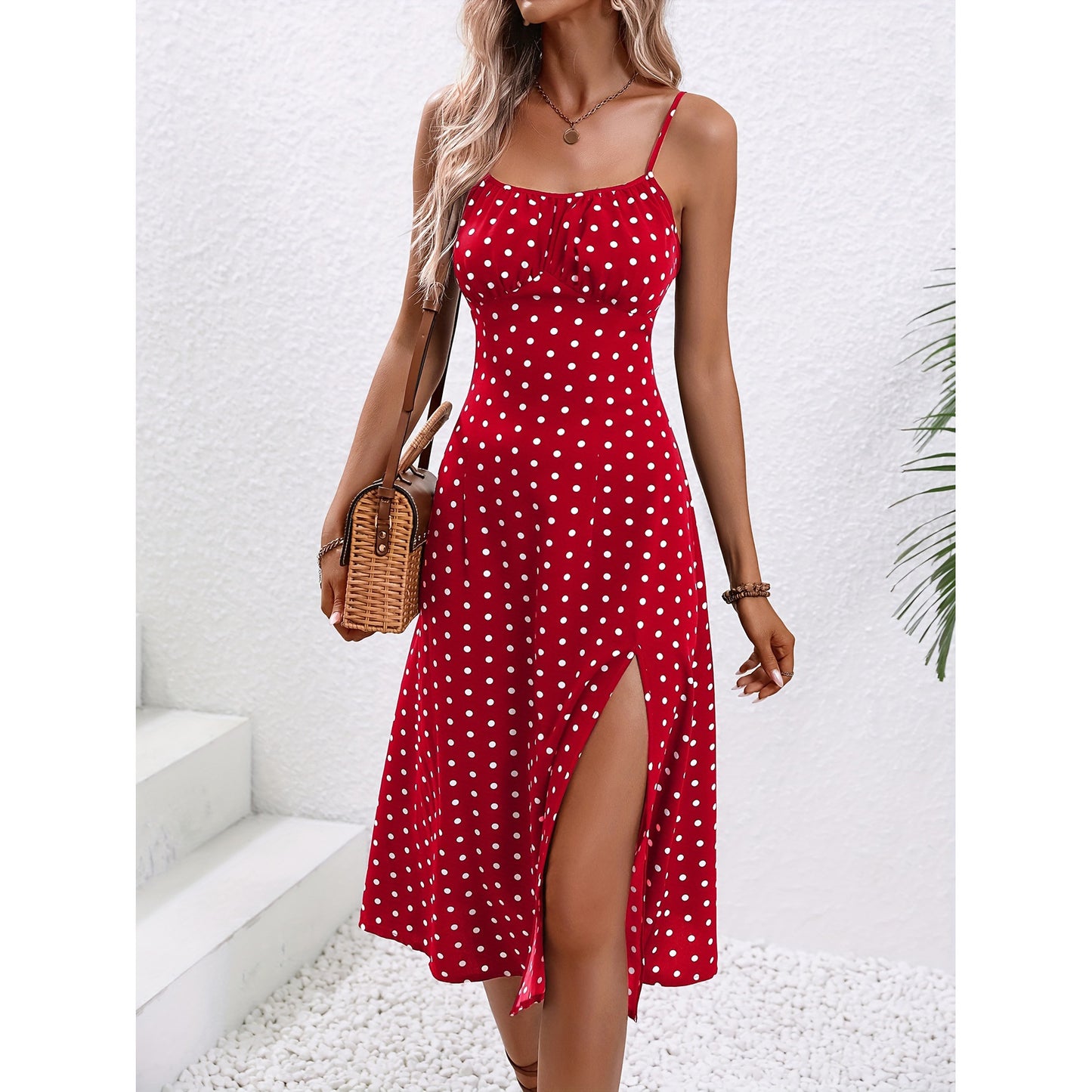 New Polka Dot Print Suspender Dress Summer Split Long Dress